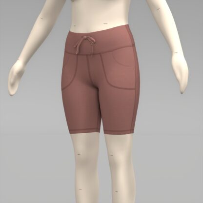 Womens Pocketed Bike Short with Ties front view on a 3D avatar