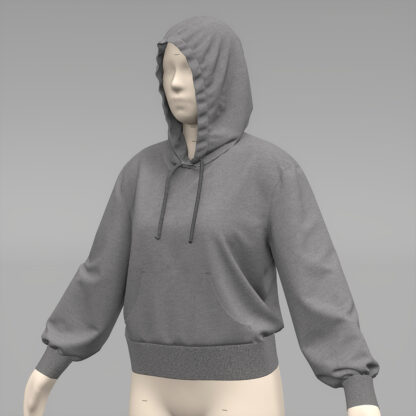 Womens Blouson Sleeve Pullover Hoodie grey front on a 3D avatar